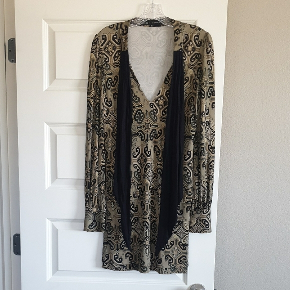 Elegant Vintage Black Tan And Green Patterned Dress 💯 Silk - Picture 3 of 9